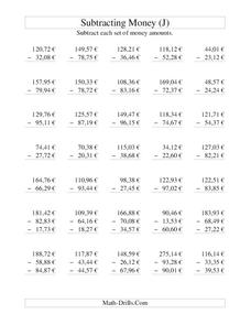 Money Subtraction [J] Worksheet