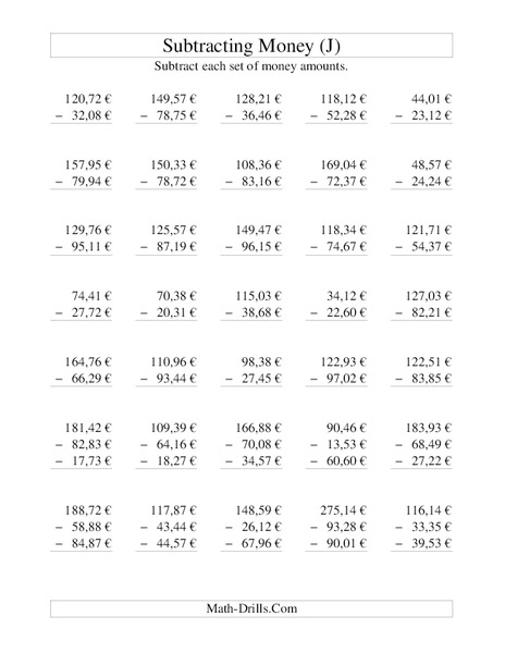 Money Subtraction [J] Worksheet