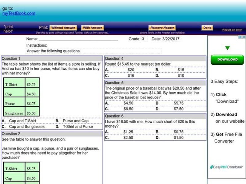 Money Word Problems Worksheet