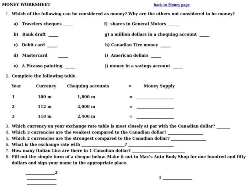Money Worksheet Worksheet