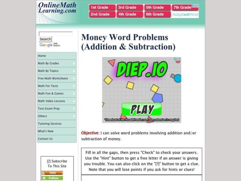 Money Word Problems Interactive