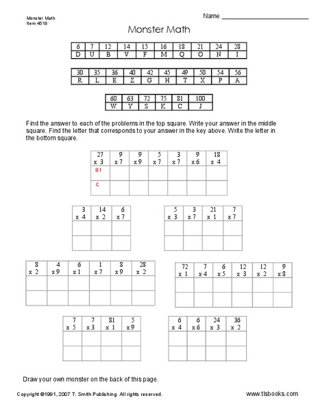 Monster Math Worksheet