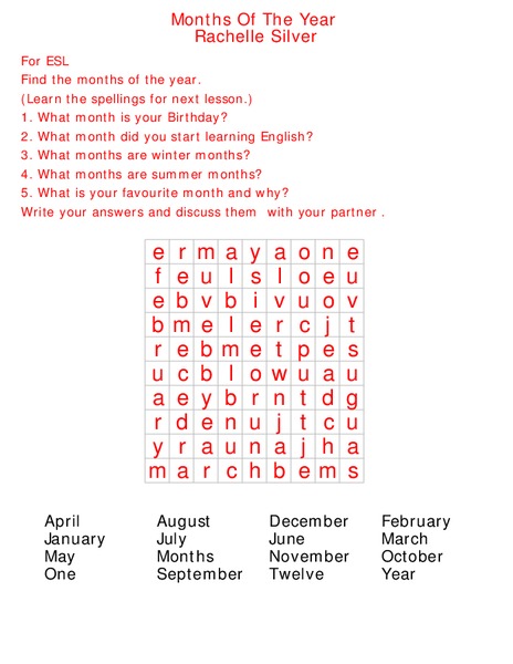 Months Of The Year Worksheet