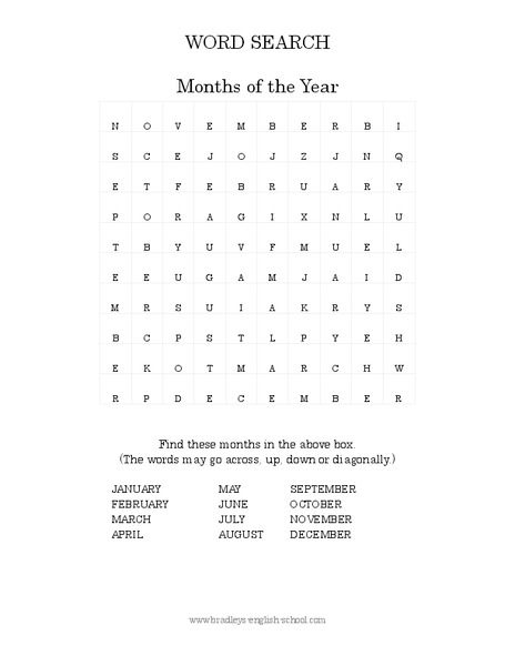Months of the Year Word Search Worksheet