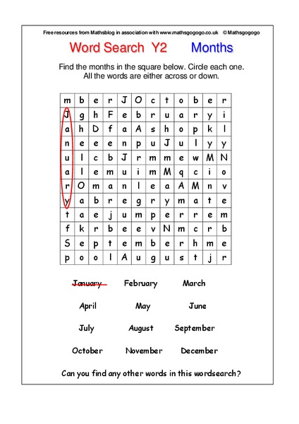 Months of the Year Word Search Worksheet