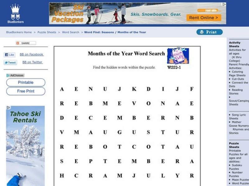 Months of the Year Word Search Worksheet