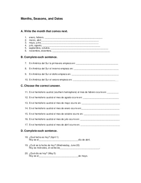 Months, Seasons, and Dates Worksheet
