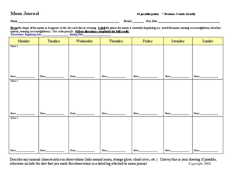 Moon Journal Worksheet