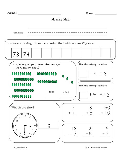 Morning Math Worksheet