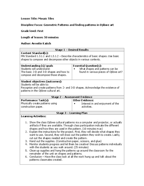 Mosaic Tiles  Lesson Plan