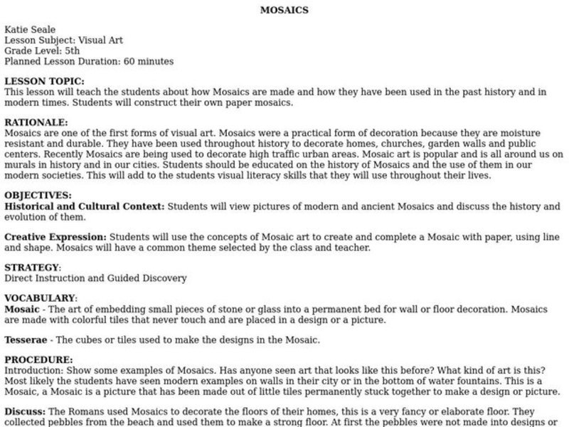 Mosaics Lesson Plan