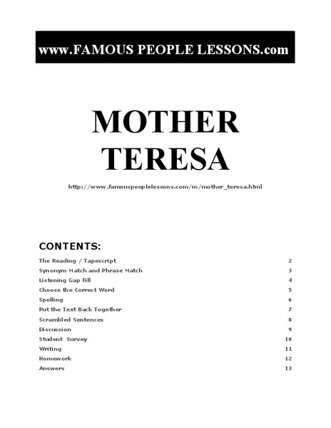 Mother Teresa Worksheet