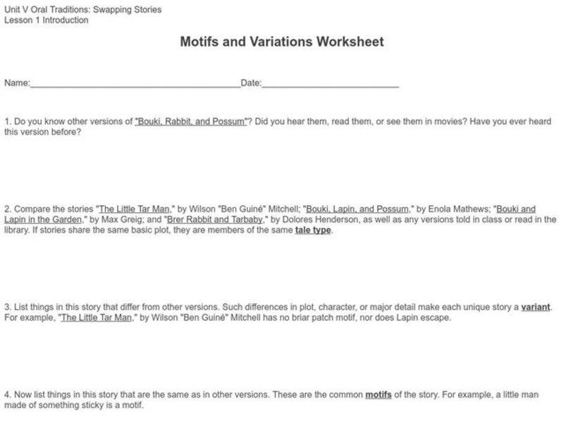 Motifs and Variations Worksheet Worksheet