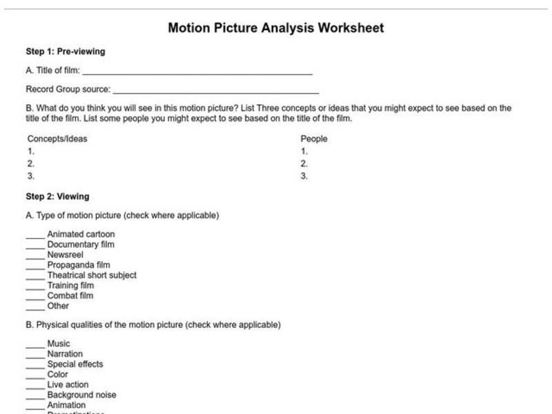 Motion Picture Analysis Worksheet Worksheet