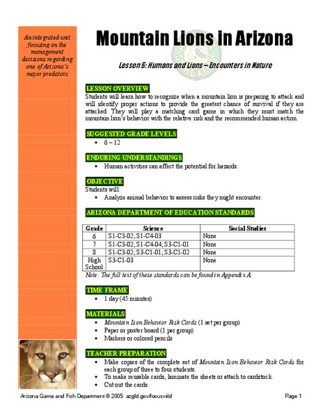 Mountain Lions in Arizona Lesson 5: Humans and Lions - Encounters in Nature Lesson Plan