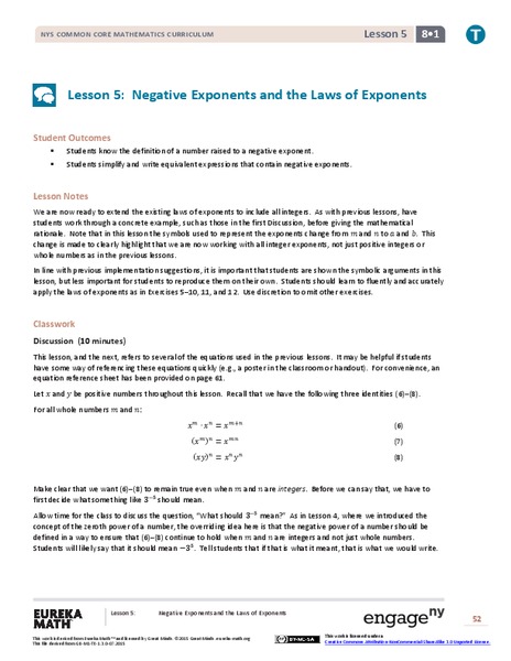 Negative Exponents and the Laws of Exponents Lesson Plan