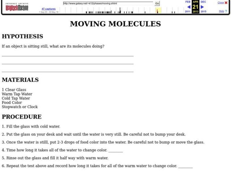 Moving Molecules Worksheet