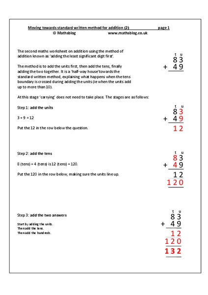 Moving Towards Standard Written Method for Addition Worksheet