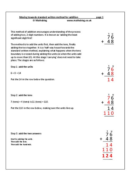 Moving Towards Standard Written Method for Addition Worksheet