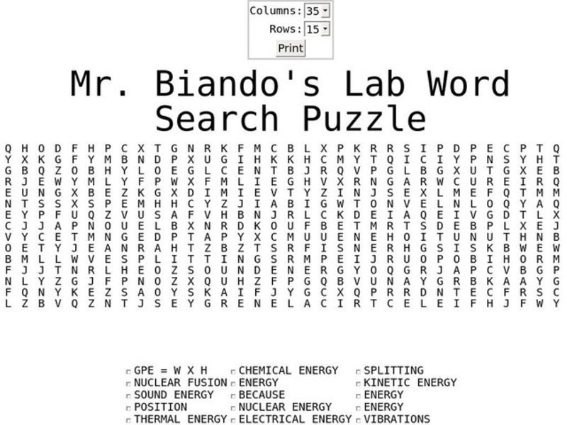 Mr. Biando's Lab Word Search Puzzle Worksheet