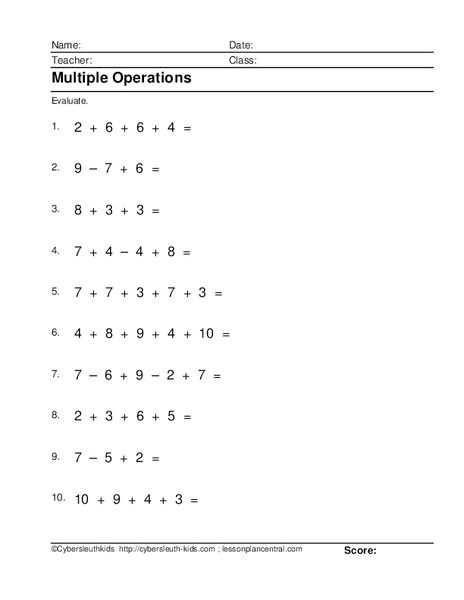 Multiple Operations Worksheet