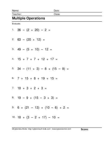 Multiple Operations Worksheet