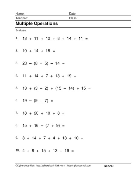 Multiple Operations Worksheet