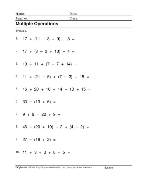 Multiple Operations Worksheet