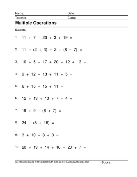 Multiple Operations Worksheet