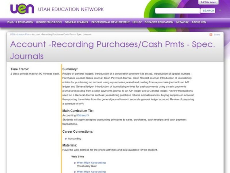 Account -Recording Purchases/Cash Pmts - Spec. Journals Lesson Plan