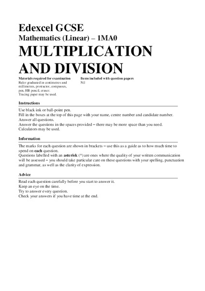 Multiplication and Division Assessment