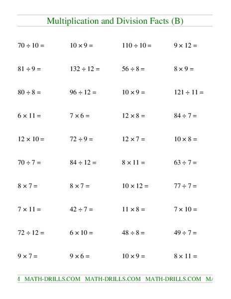 Multiplication and Division Facts Worksheet
