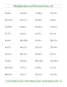 Multiplication and Division Facts (A) Worksheet