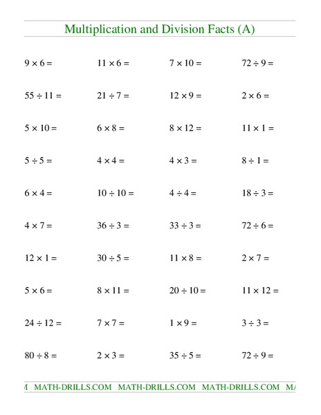 Multiplication and Division Facts (A) Worksheet