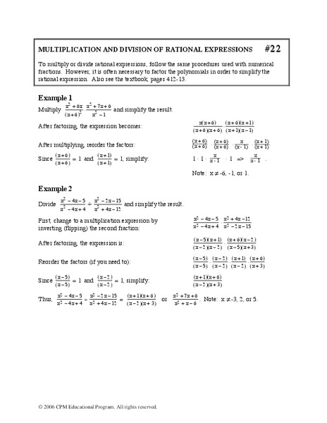 Multiplication and Division of Rational Expressions Worksheet
