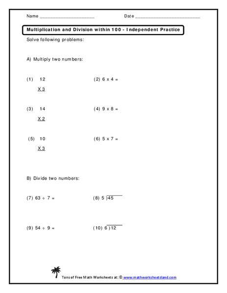 Multiplication and Division Within 100 Worksheet