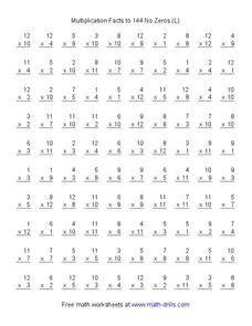 Multiplication Facts to 144 No Zeros Worksheet