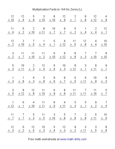 Multiplication Facts to 144 No Zeros Worksheet