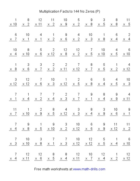 Multiplication Facts to 144 No Zeros Worksheet