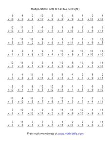 Multiplication Facts to 144 No Zeros Worksheet