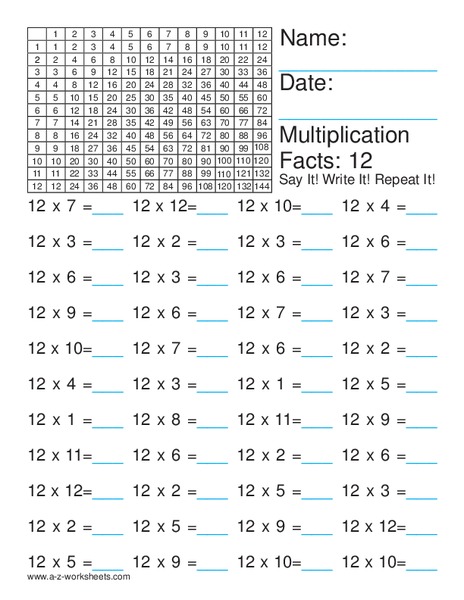Multiplication Facts: 12 Worksheet