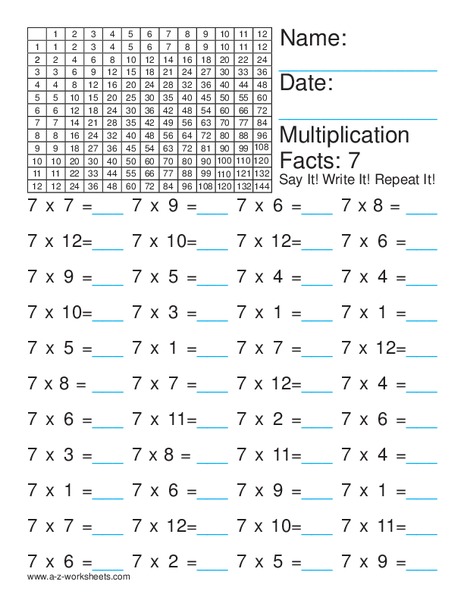 Multiplication Facts: 7 Worksheet