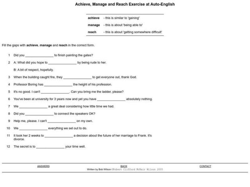 Achieve, Manage and Reach Exercise Worksheet