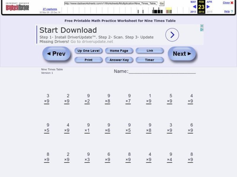 Multiplication Facts: 9 Worksheet
