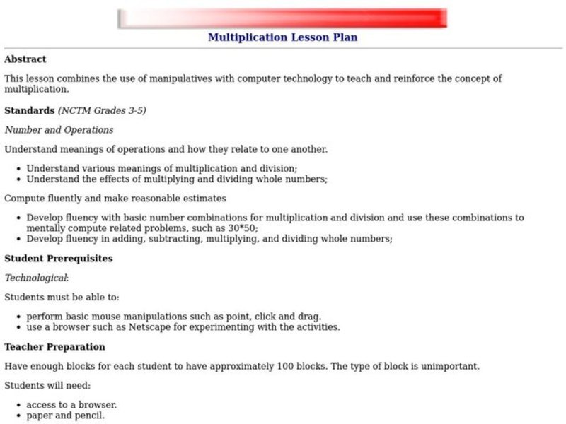 Multiplication Lesson Plan Lesson Plan