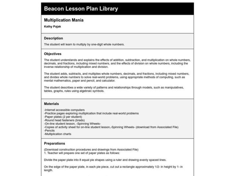 Multiplication Mania Lesson Plan