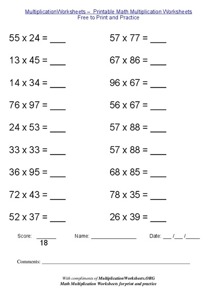 Multiplication Math Problems Worksheet
