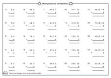Multiplication of Decimals Worksheet