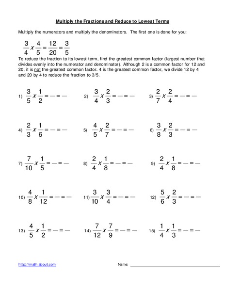 Multiplication of Fractions Worksheet