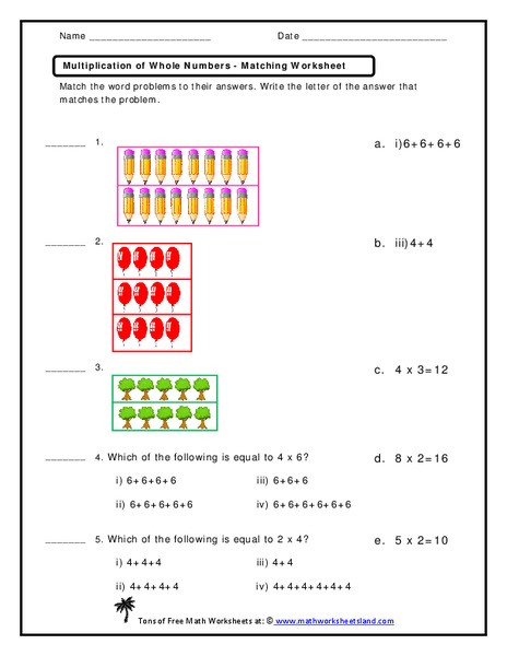 Multiplication of Whole Numbers Worksheet